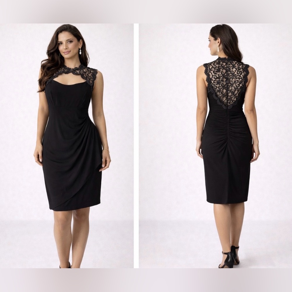 Xscape Party Dress 12 Black Lace Trim Knee Length Formal Wedding Party Cruise